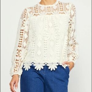 Skies Are Blue Eyelet Lace Long Sleeve Top Cottage Core Boho Size Medium NWOT